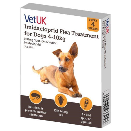 VetUK 100mg Imidacloprid Flea Treatment for Dogs 4 to 10kg (3 Pipettes)